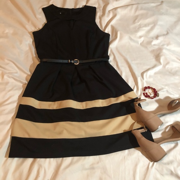 Black and Gold Midi Dress with Belt - Picture 1 of 5